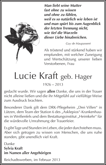 Traueranzeige von Lucie Kraft von Mitteldeutsche Zeitung Weißenfels