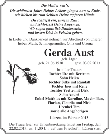 Traueranzeige von Gerda Aust von Mitteldeutsche Zeitung Weißenfels