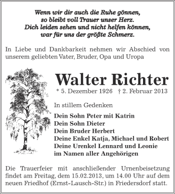 Traueranzeige von Walter Richter von Mitteldeutsche Zeitung Bitterfeld
