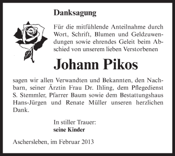 Traueranzeige von Johann Pikos von Mitteldeutsche Zeitung Aschersleben