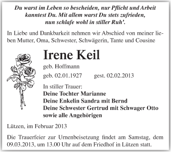 Traueranzeige von Irene Keil von Mitteldeutsche Zeitung Weißenfels