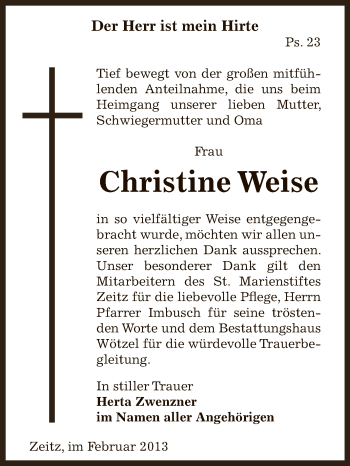 Traueranzeige von Christine Weise von Mitteldeutsche Zeitung Zeitz