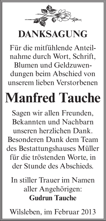 Traueranzeige von Manfred Tauche von Mitteldeutsche Zeitung Aschersleben