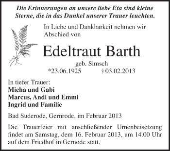 Traueranzeige von Edeltraut Barth von Mitteldeutsche Zeitung Quedlinburg