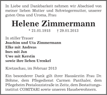 Traueranzeige von Helene Zimmermann von Mitteldeutsche Zeitung Zeitz