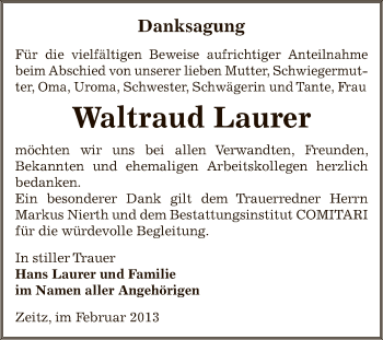 Traueranzeige von Waltraud Laurer von Mitteldeutsche Zeitung Zeitz