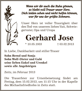 Traueranzeige von Gerhard Jose von Mitteldeutsche Zeitung Zeitz