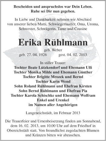 Traueranzeige von Erika Rühlmann von Mitteldeutsche Zeitung Merseburg/Querfurt