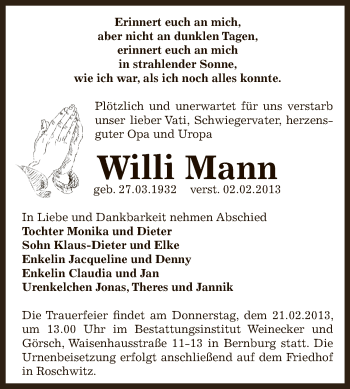 Traueranzeige von Willi Mann von Mitteldeutsche Zeitung Bernburg