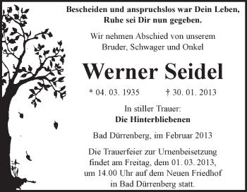 Traueranzeige von Werner Seidel von Mitteldeutsche Zeitung Merseburg/Querfurt
