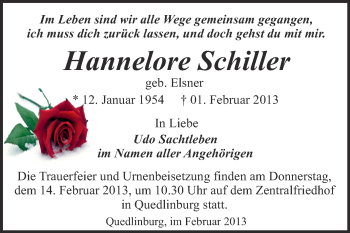 Traueranzeige von Hannelore Schiller von Mitteldeutsche Zeitung Quedlinburg
