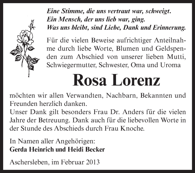  Traueranzeige für Rosa Lorenz vom 10.02.2013 aus Mitteldeutsche Zeitung Aschersleben