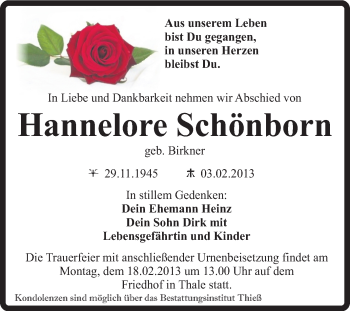 Traueranzeige von Hannelore Schönborn von Mitteldeutsche Zeitung Quedlinburg