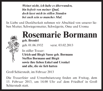 Traueranzeige von Rosemarie Bormann von Mitteldeutsche Zeitung Aschersleben