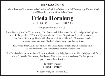 Traueranzeige von Frieda Hornburg von Mitteldeutsche Zeitung Aschersleben