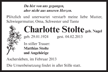 Traueranzeige von Charlotte Stolte von Mitteldeutsche Zeitung Aschersleben