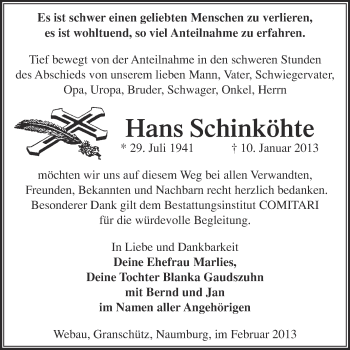 Traueranzeige von Hans Schinköhte von Mitteldeutsche Zeitung Weißenfels