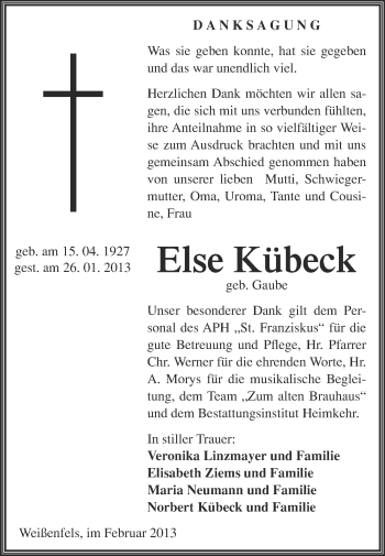 Traueranzeige von Else Kübeck von Mitteldeutsche Zeitung Weißenfels