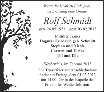 Traueranzeige von Rolf Schmidt von Mitteldeutsche Zeitung Weißenfels