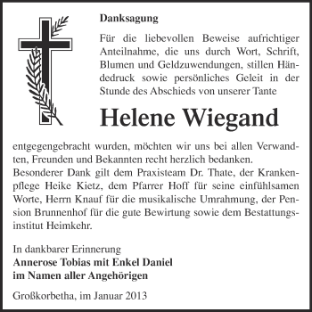Traueranzeige von Helene Wiegand von Mitteldeutsche Zeitung Weißenfels