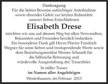 Traueranzeige von Elisabeth Drese von Mitteldeutsche Zeitung Quedlinburg