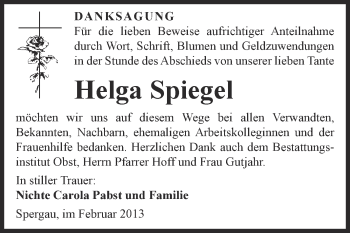 Traueranzeige von Helga Spiegel von Mitteldeutsche Zeitung Merseburg/Querfurt