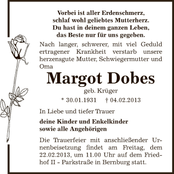 Traueranzeige von Margot Dobes von Mitteldeutsche Zeitung Bernburg