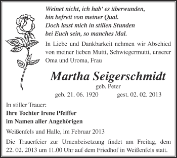 Traueranzeige von Martha Seigerschmidt von Mitteldeutsche Zeitung Weißenfels