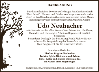 Traueranzeige von Udo Neubacher von Mitteldeutsche Zeitung Sangerhausen