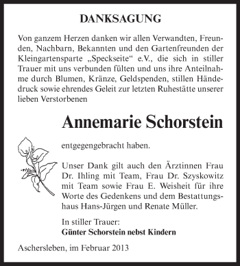 Traueranzeige von Annemarie Schorstein von Mitteldeutsche Zeitung Aschersleben