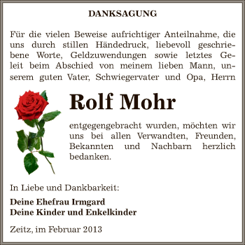 Traueranzeige von Rolf Mohr von Mitteldeutsche Zeitung Zeitz