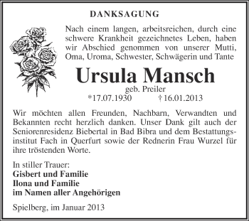 Traueranzeige von Ursula Mansch von Mitteldeutsche Zeitung Merseburg/Querfurt