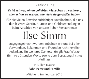 Traueranzeige von Ilse Simm von Mitteldeutsche Zeitung Merseburg/Querfurt