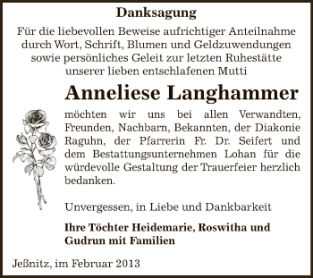 Traueranzeige von Anneliese Langhammer von Mitteldeutsche Zeitung Bitterfeld