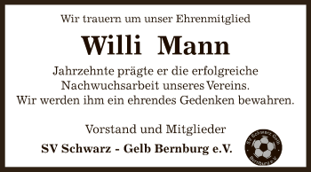 Traueranzeige von Willi Mann von Mitteldeutsche Zeitung Bernburg