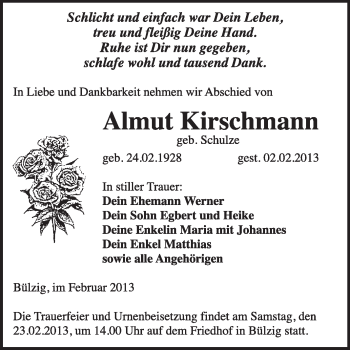 Traueranzeige von Almut Kirschmann von Mitteldeutsche Zeitung Jessen