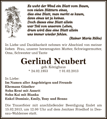 Traueranzeige von Gerlind Neubert von Mitteldeutsche Zeitung Dessau-Roßlau