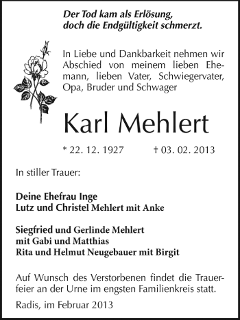 Traueranzeige von Karl Mehlert von Mitteldeutsche Zeitung Jessen