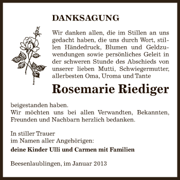 Traueranzeige von Rosemarie Riediger von Mitteldeutsche Zeitung Bernburg