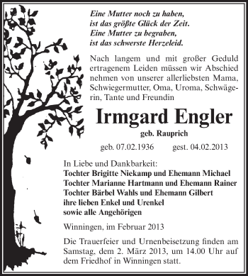 Traueranzeige von Irmgard Engler von Mitteldeutsche Zeitung Aschersleben