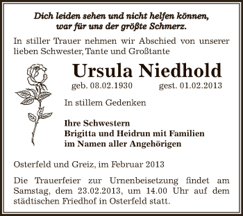 Traueranzeige von Ursula Niedhold von Mitteldeutsche Zeitung Zeitz