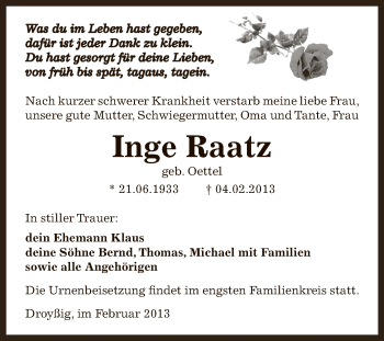 Traueranzeige von Inge Raatz von Mitteldeutsche Zeitung Zeitz