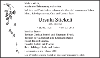 Traueranzeige von Ursula Stickelt von Mitteldeutsche Zeitung Weißenfels