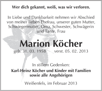 Traueranzeige von Marion Köcher von Mitteldeutsche Zeitung Weißenfels