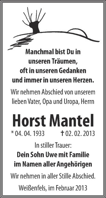 Traueranzeige von Horst Mantel von Mitteldeutsche Zeitung Weißenfels
