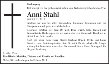 Traueranzeige von Anni Stahl von Mitteldeutsche Zeitung Naumburg/Nebra