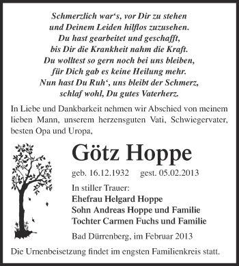 Traueranzeige von Götz Hoppe von Mitteldeutsche Zeitung Merseburg/Querfurt