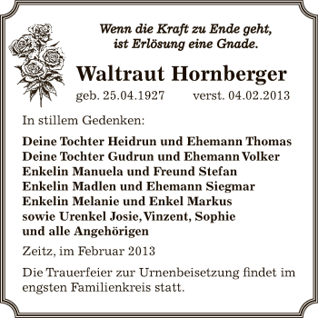 Traueranzeige von Waltraut Hornberger von Mitteldeutsche Zeitung Zeitz