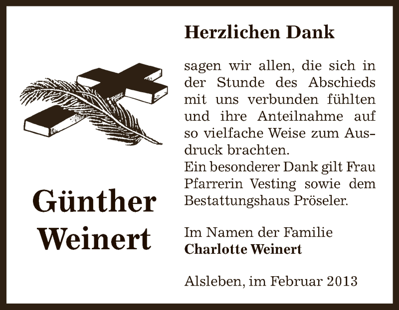  Traueranzeige für Günther Weinert vom 10.02.2013 aus Mitteldeutsche Zeitung Bernburg