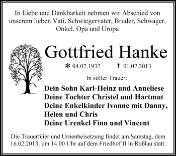 Traueranzeige von Gottfried Hanke von Mitteldeutsche Zeitung Dessau-Roßlau